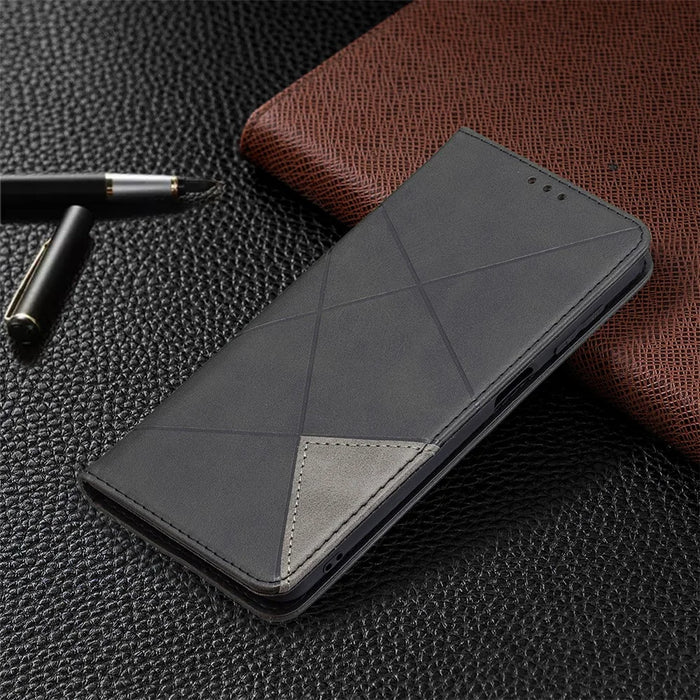 For Samsung Galaxy M32 (Global Version) Card Holder Design Rhombus-Like Imprinting Shock-Absorbed Leather Stand Case Shell - Black - 7