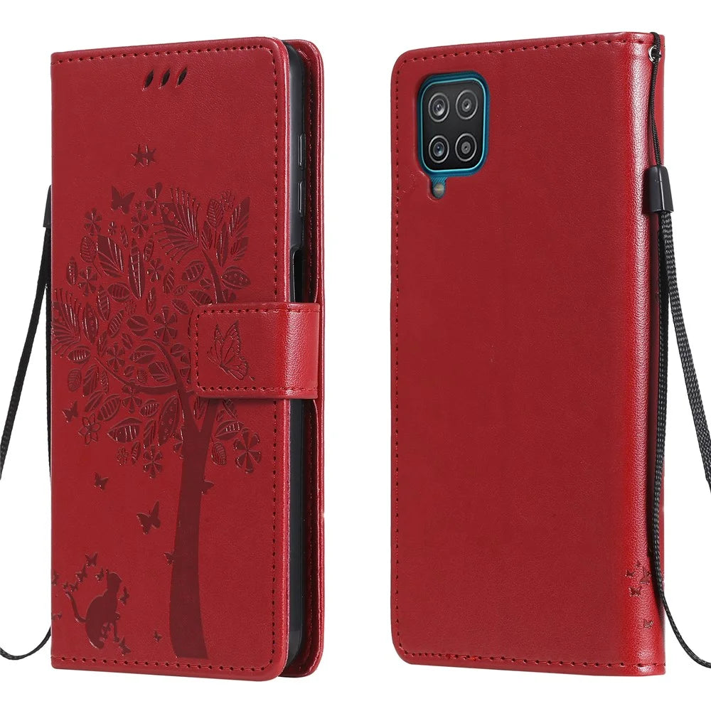 For Samsung Galaxy A12 Phone Case with Stand Cat Tree Pattern Leather Wallet Mobile Cover - Red - 1