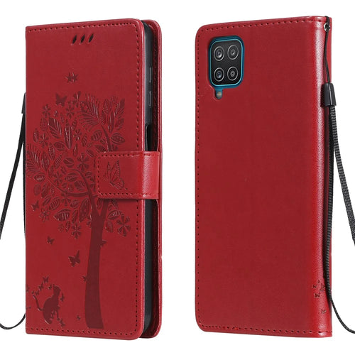 For Samsung Galaxy A12 Phone Case with Stand Cat Tree Pattern Leather Wallet Mobile Cover - Red - 1