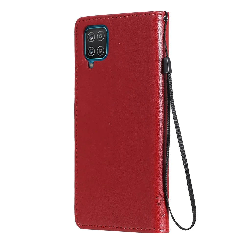 For Samsung Galaxy A12 Phone Case with Stand Cat Tree Pattern Leather Wallet Mobile Cover - Red - 3