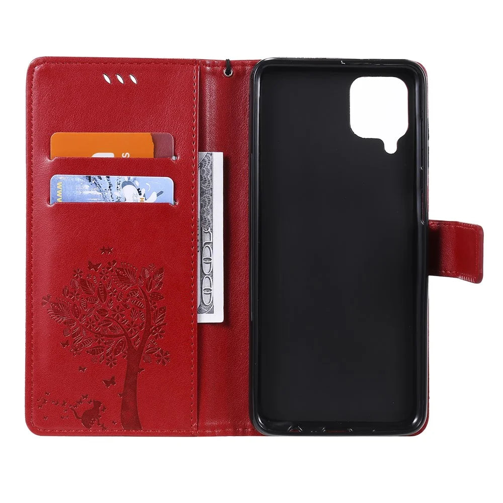 For Samsung Galaxy A12 Phone Case with Stand Cat Tree Pattern Leather Wallet Mobile Cover - Red - 4
