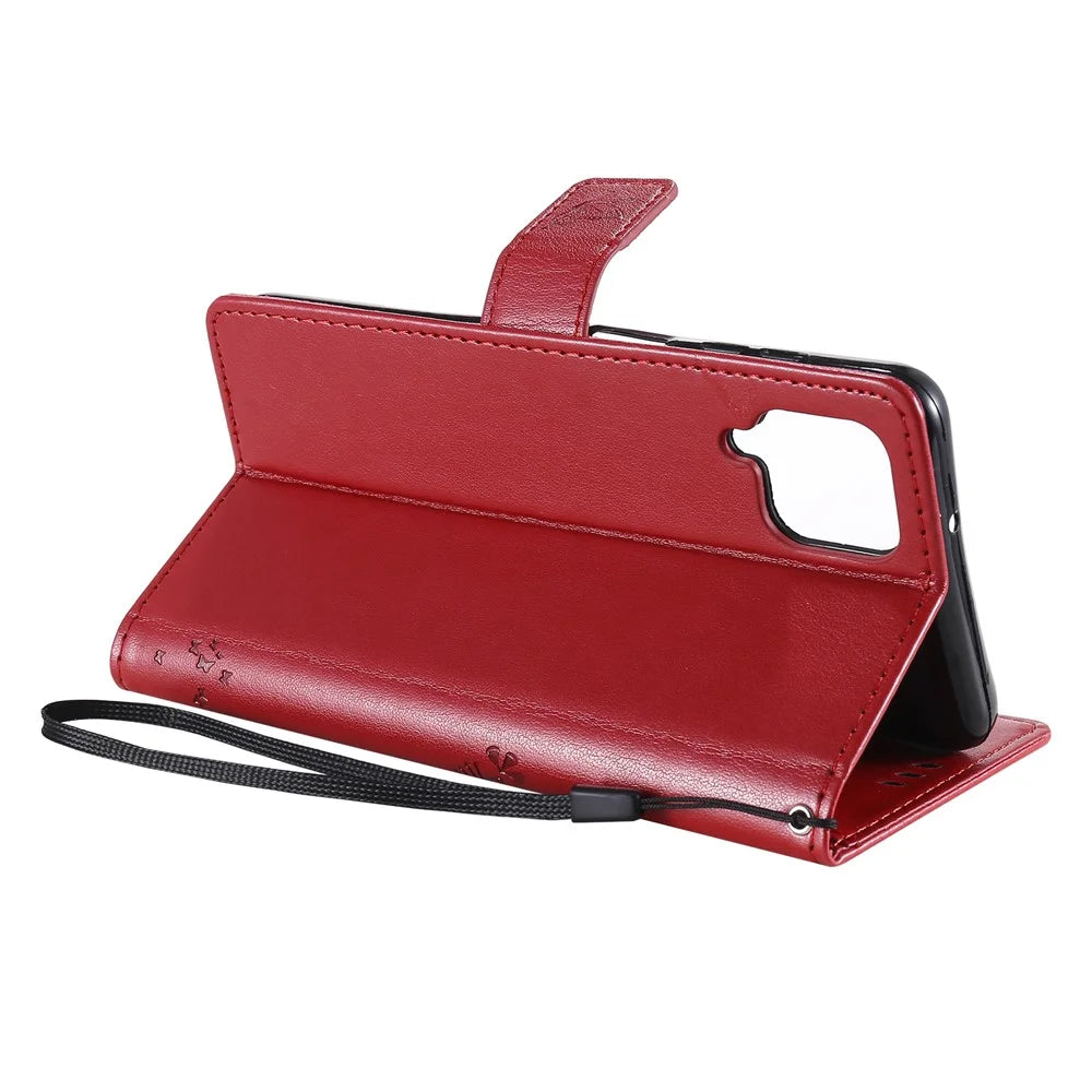 For Samsung Galaxy A12 Phone Case with Stand Cat Tree Pattern Leather Wallet Mobile Cover - Red - 5