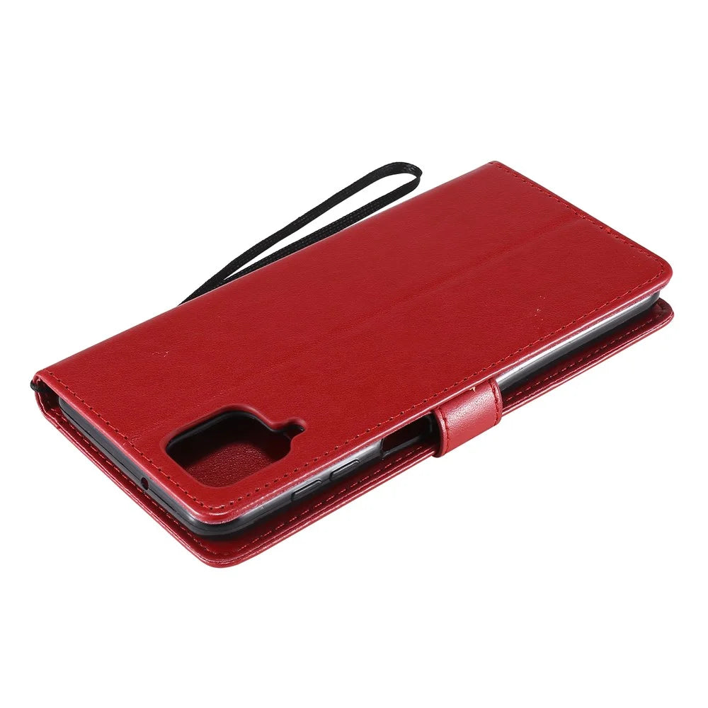 For Samsung Galaxy A12 Phone Case with Stand Cat Tree Pattern Leather Wallet Mobile Cover - Red - 6