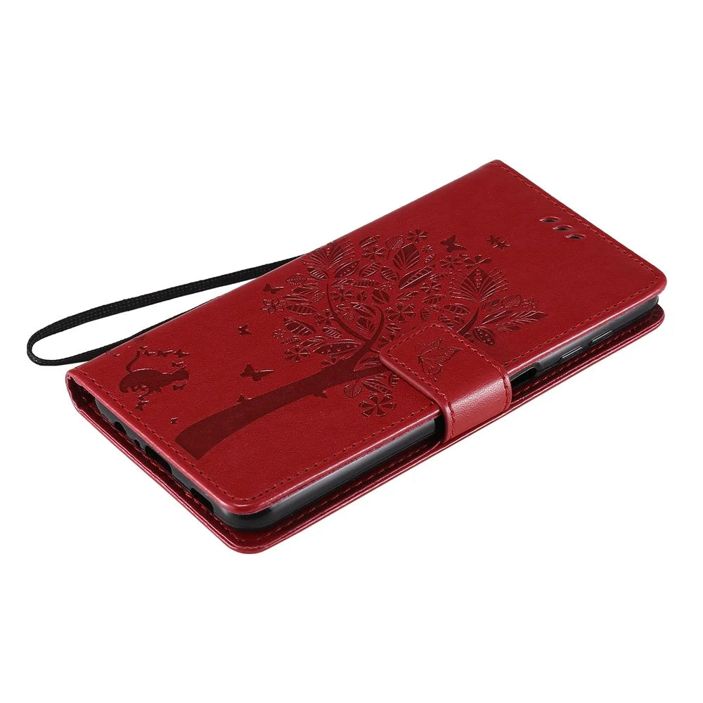 For Samsung Galaxy A12 Phone Case with Stand Cat Tree Pattern Leather Wallet Mobile Cover - Red - 7