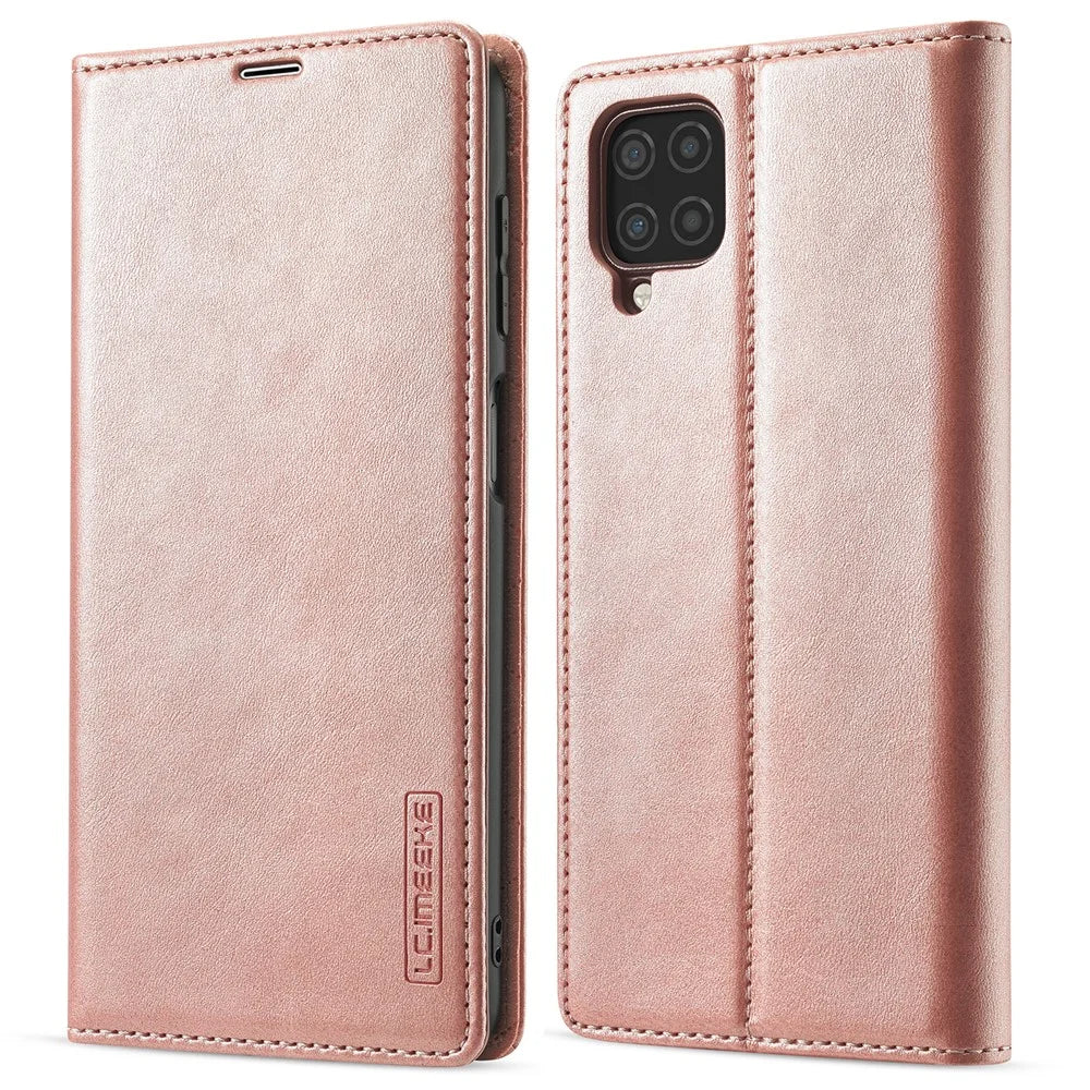LC.IMEEKE Leather Wallet Stand Strong Magnetic Phone Protective Shell Case for Samsung Galaxy A22 4G (EU Version) - Rose Gold - 1