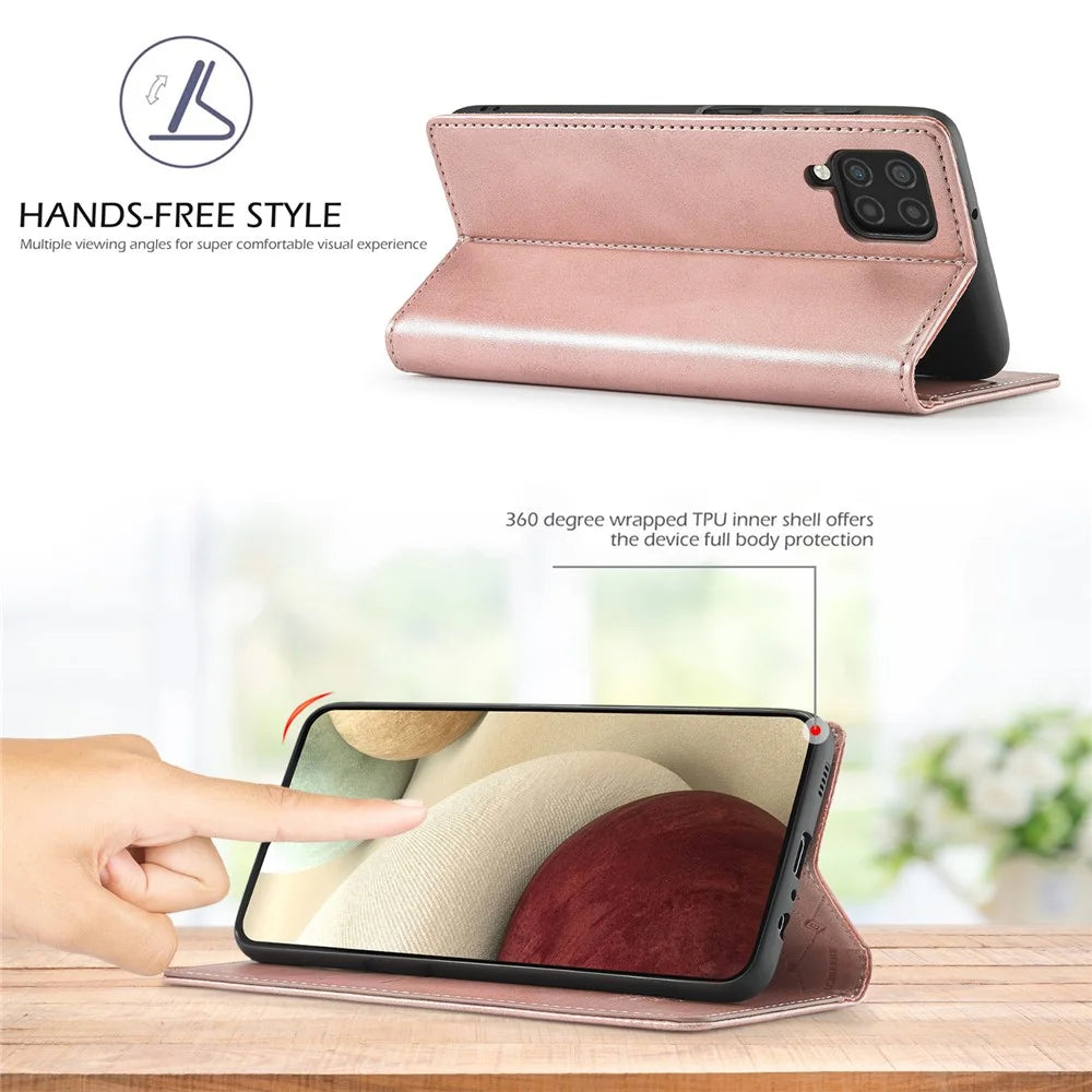 LC.IMEEKE Leather Wallet Stand Strong Magnetic Phone Protective Shell Case for Samsung Galaxy A22 4G (EU Version) - Rose Gold - 2