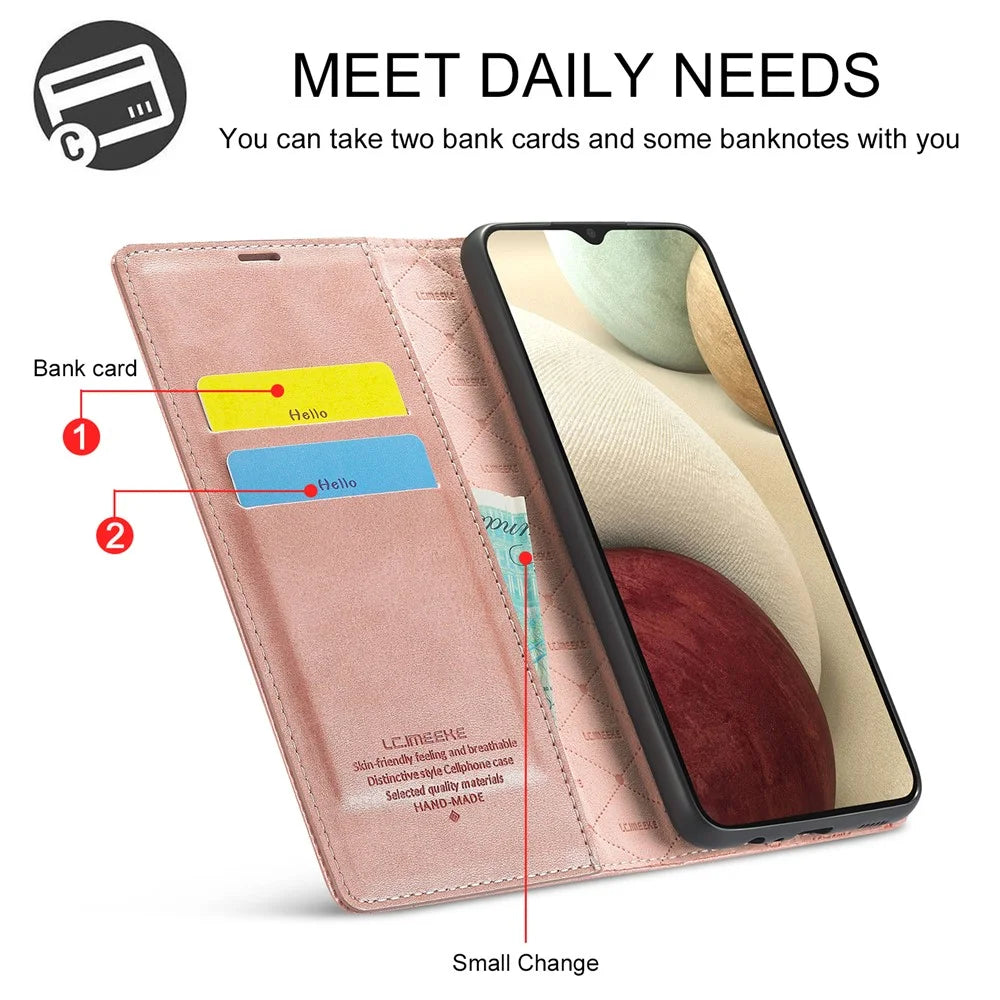 LC.IMEEKE Leather Wallet Stand Strong Magnetic Phone Protective Shell Case for Samsung Galaxy A22 4G (EU Version) - Rose Gold - 3
