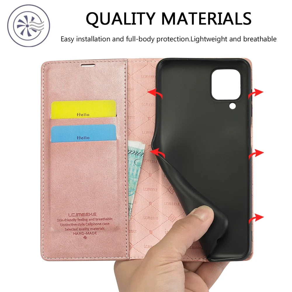 LC.IMEEKE Leather Wallet Stand Strong Magnetic Phone Protective Shell Case for Samsung Galaxy A22 4G (EU Version) - Rose Gold - 4