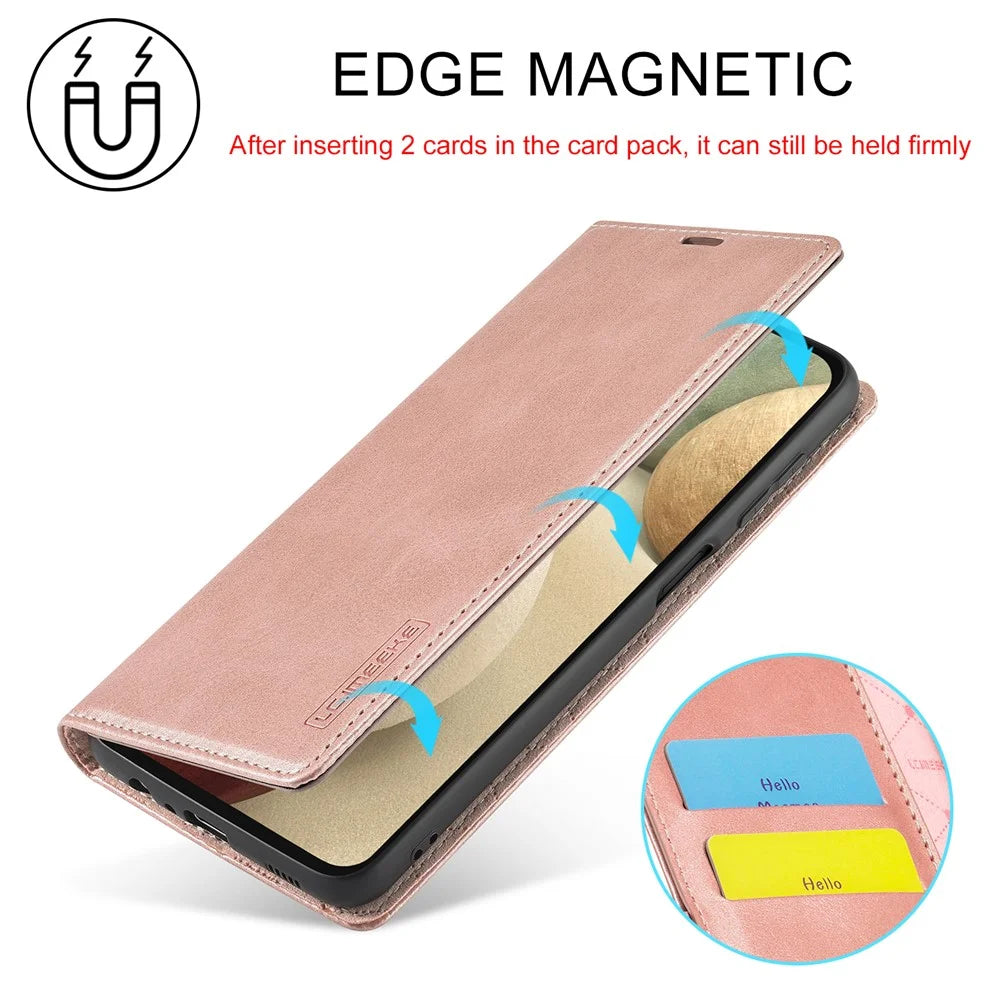 LC.IMEEKE Leather Wallet Stand Strong Magnetic Phone Protective Shell Case for Samsung Galaxy A22 4G (EU Version) - Rose Gold - 6