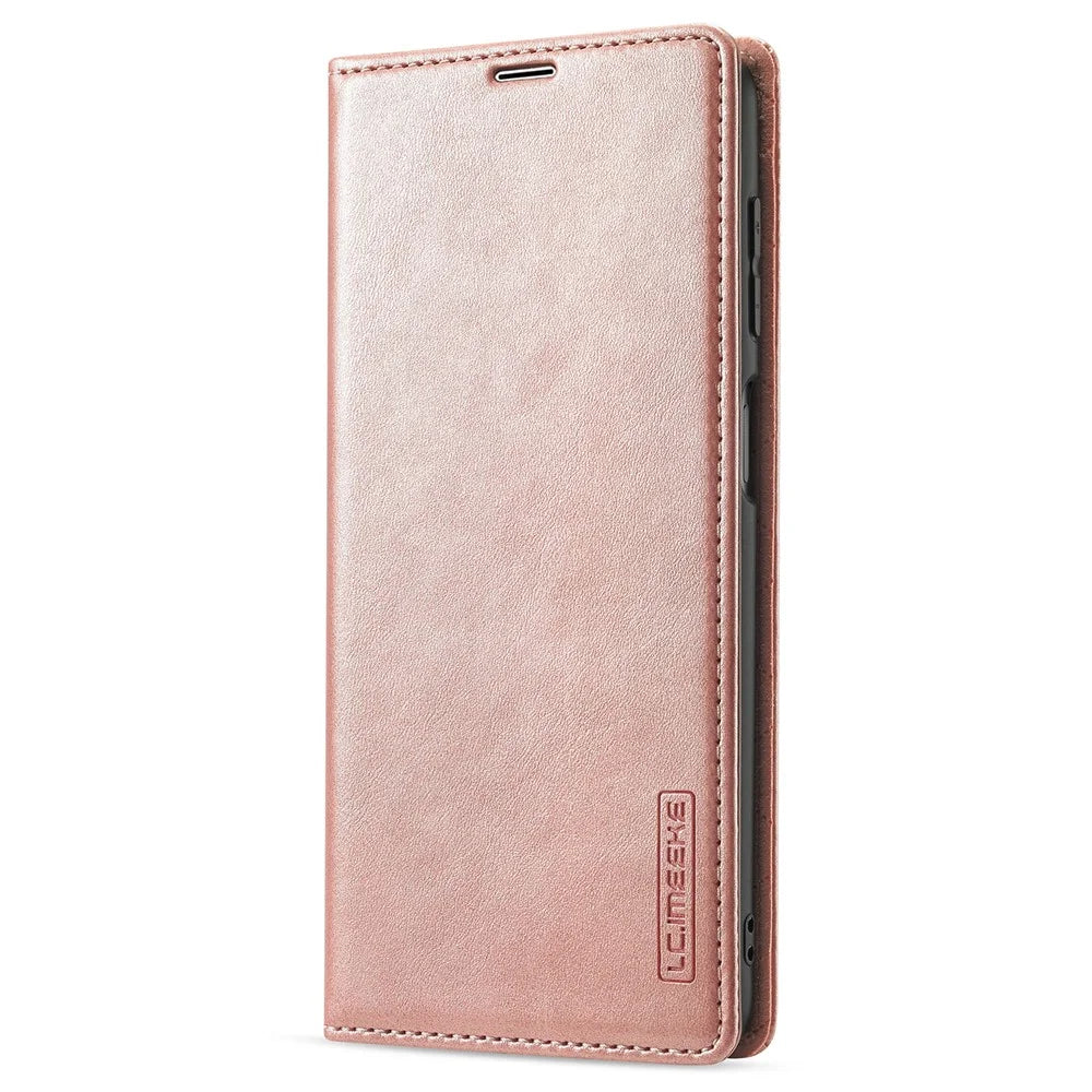 LC.IMEEKE Leather Wallet Stand Strong Magnetic Phone Protective Shell Case for Samsung Galaxy A22 4G (EU Version) - Rose Gold - 7