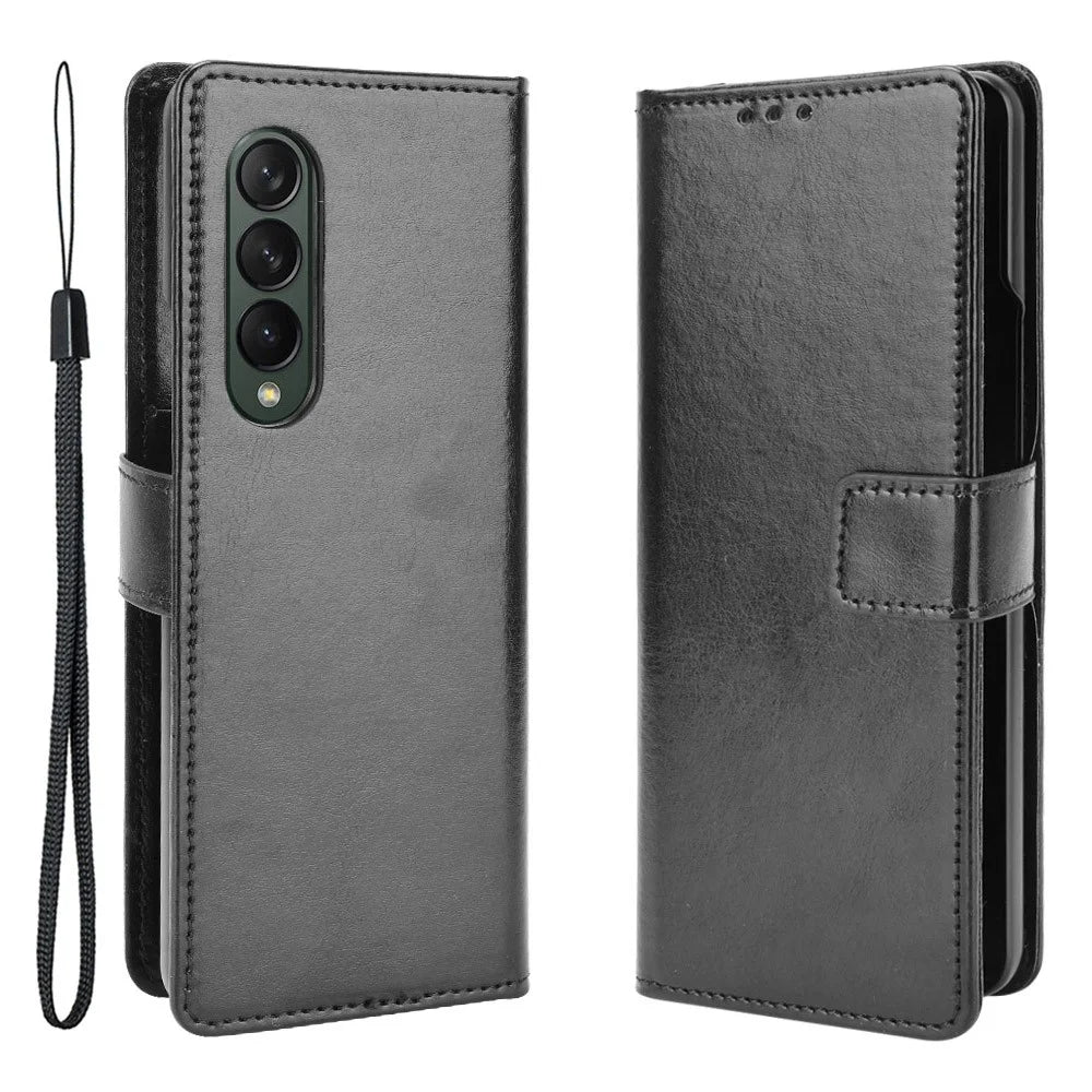 Crazy Horse Texture Leather Wallet Stand Phone Protective Case Cover with Hand Strap for Samsung Galaxy Z Fold3 5G - Black - 1