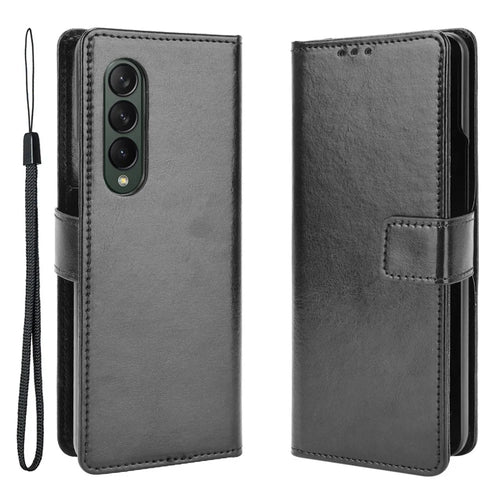 Crazy Horse Texture Leather Wallet Stand Phone Protective Case Cover with Hand Strap for Samsung Galaxy Z Fold3 5G - Black - 1