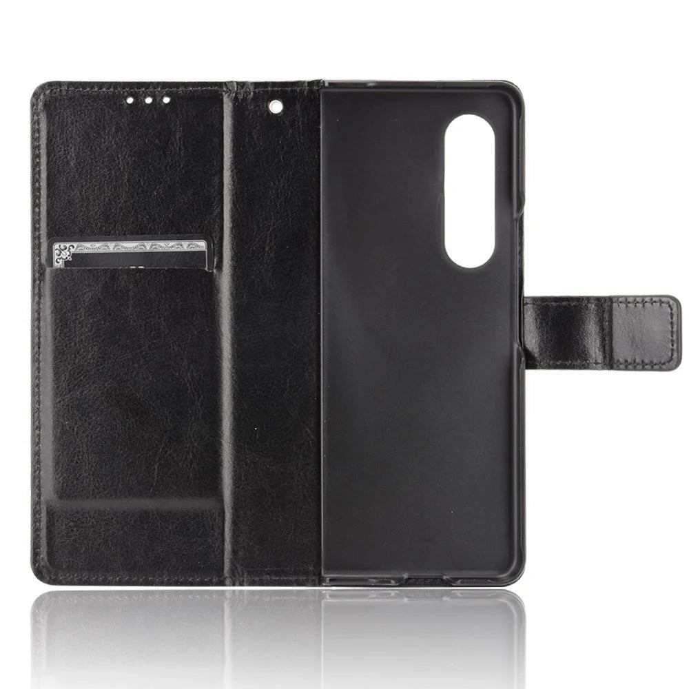 Crazy Horse Texture Leather Wallet Stand Phone Protective Case Cover with Hand Strap for Samsung Galaxy Z Fold3 5G - Black - 4