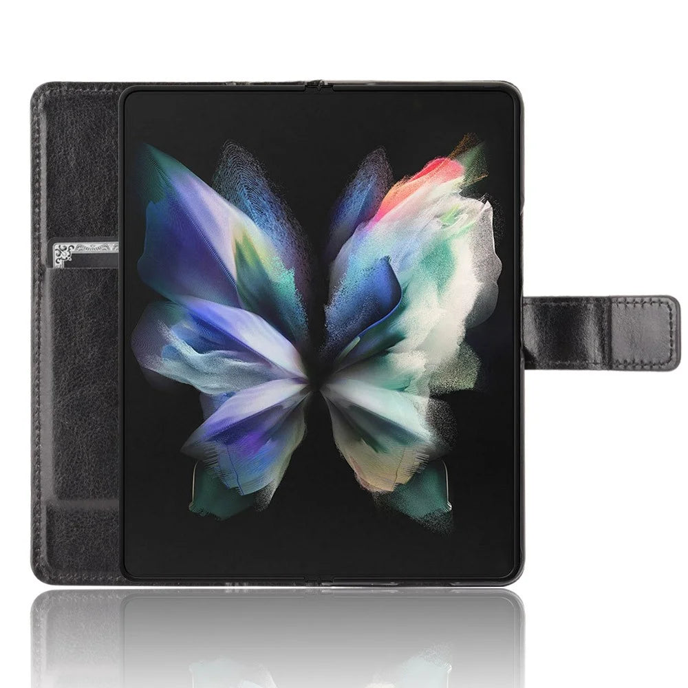 Crazy Horse Texture Leather Wallet Stand Phone Protective Case Cover with Hand Strap for Samsung Galaxy Z Fold3 5G - Black - 5