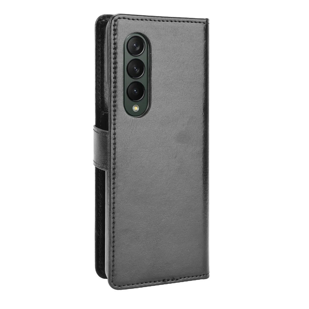 Crazy Horse Texture Leather Wallet Stand Phone Protective Case Cover with Hand Strap for Samsung Galaxy Z Fold3 5G - Black - 6