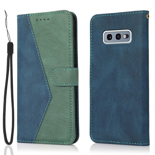 Color Splicing Leather Wallet Stand Mobile Phone Protection Cover Shell with Lanyard for Samsung Galaxy S10e - Blue/Green - 1