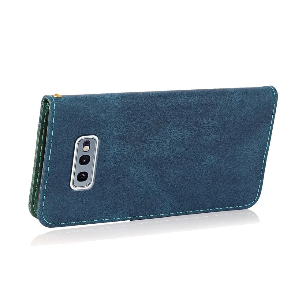 Color Splicing Leather Wallet Stand Mobile Phone Protection Cover Shell with Lanyard for Samsung Galaxy S10e - Blue/Green - 6