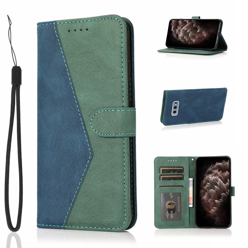 Color Splicing Leather Wallet Stand Mobile Phone Protection Cover Shell with Lanyard for Samsung Galaxy S10e - Blue/Green - 7