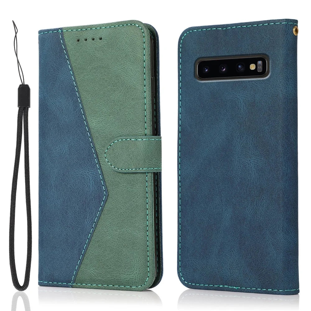 Color Splicing Wallet Stand Leather Phone Cover Case Protector with Lanyard for Samsung Galaxy S10 4G - Blue/Green - 1