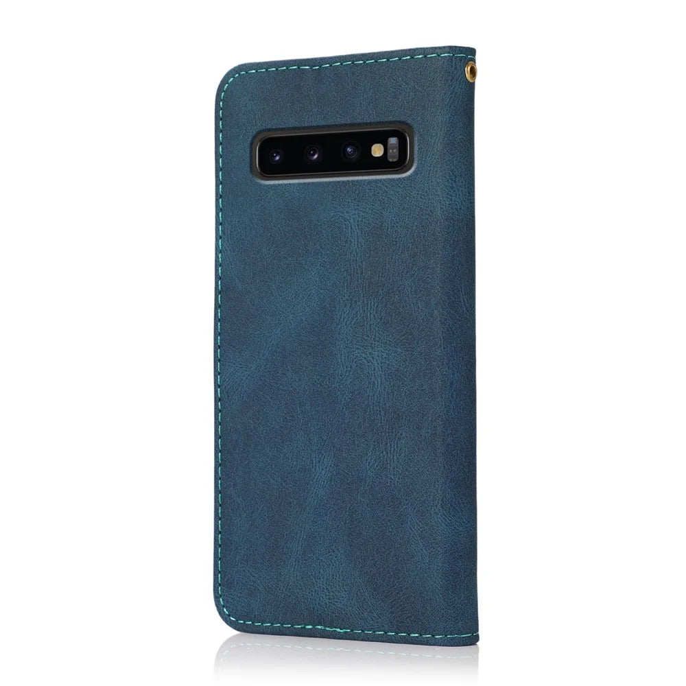 Color Splicing Wallet Stand Leather Phone Cover Case Protector with Lanyard for Samsung Galaxy S10 4G - Blue/Green - 3