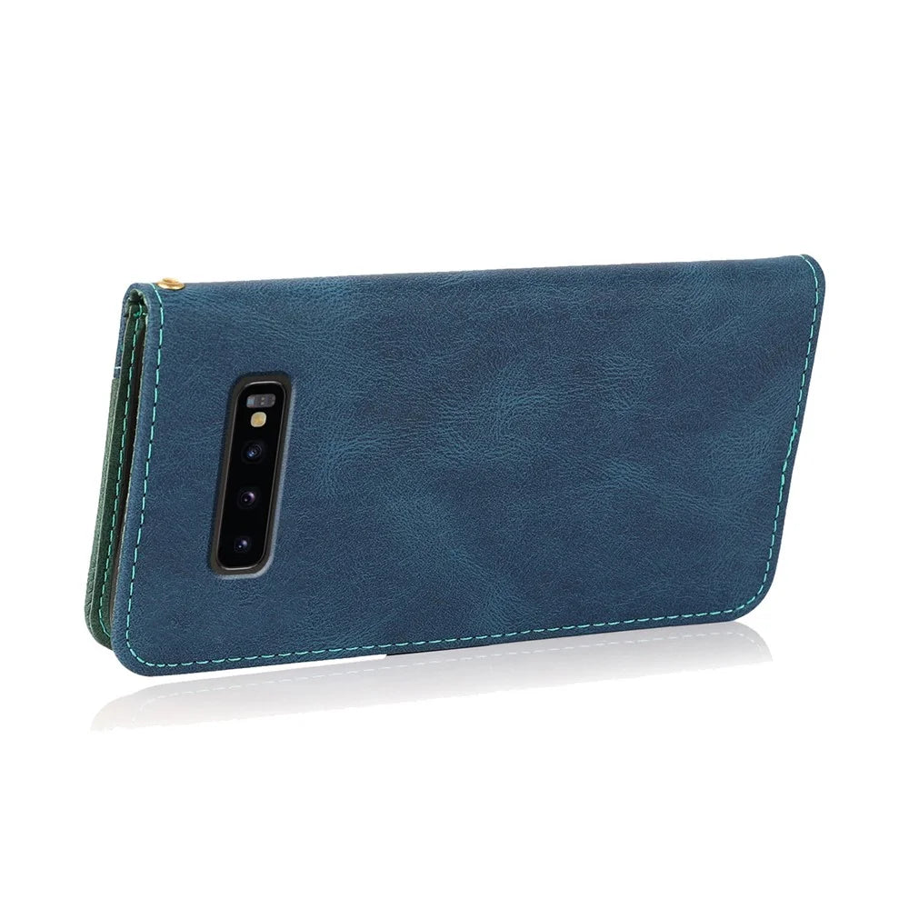 Color Splicing Wallet Stand Leather Phone Cover Case Protector with Lanyard for Samsung Galaxy S10 4G - Blue/Green - 6