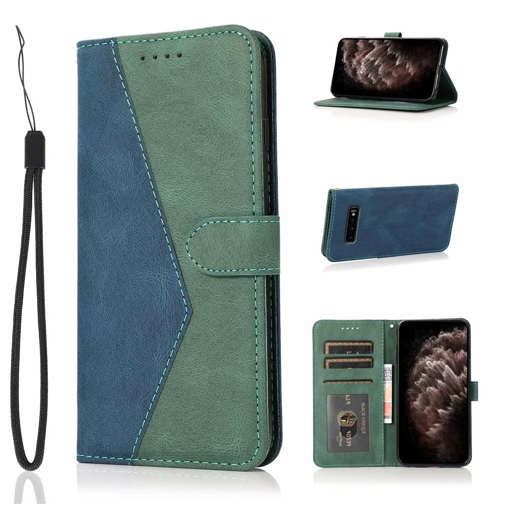 Color Splicing Wallet Stand Leather Phone Cover Case Protector with Lanyard for Samsung Galaxy S10 4G - Blue/Green - 7