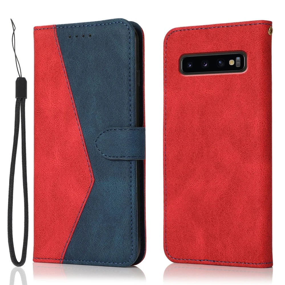 Color Splicing Design Leather Wallet Cell Phone Stand Cover Case with Lanyard for Samsung Galaxy S10 Plus - Red/Blue - 1