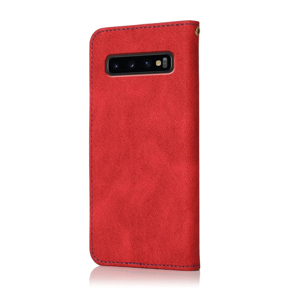 Color Splicing Design Leather Wallet Cell Phone Stand Cover Case with Lanyard for Samsung Galaxy S10 Plus - Red/Blue - 3