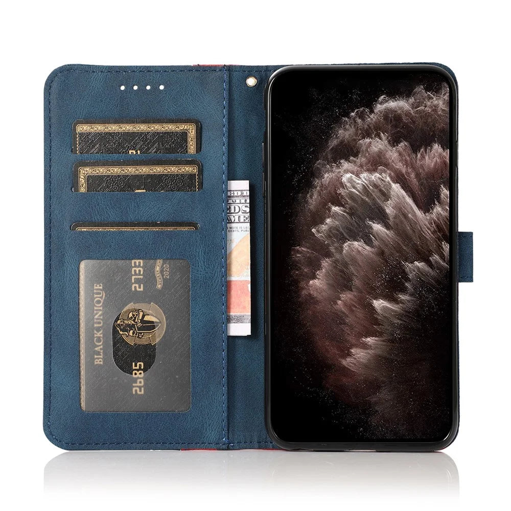 Color Splicing Design Leather Wallet Cell Phone Stand Cover Case with Lanyard for Samsung Galaxy S10 Plus - Red/Blue - 4