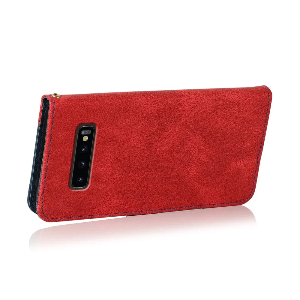 Color Splicing Design Leather Wallet Cell Phone Stand Cover Case with Lanyard for Samsung Galaxy S10 Plus - Red/Blue - 6