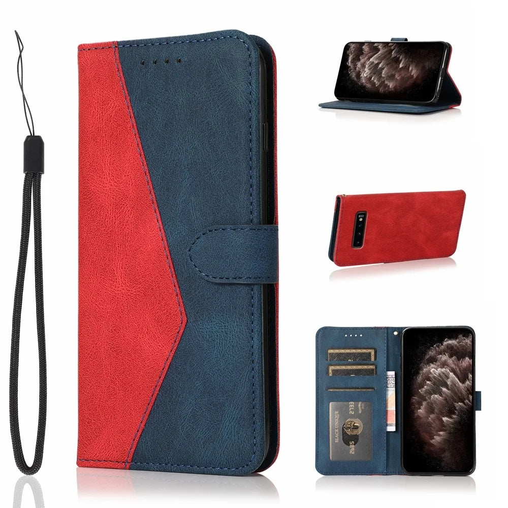 Color Splicing Design Leather Wallet Cell Phone Stand Cover Case with Lanyard for Samsung Galaxy S10 Plus - Red/Blue - 7