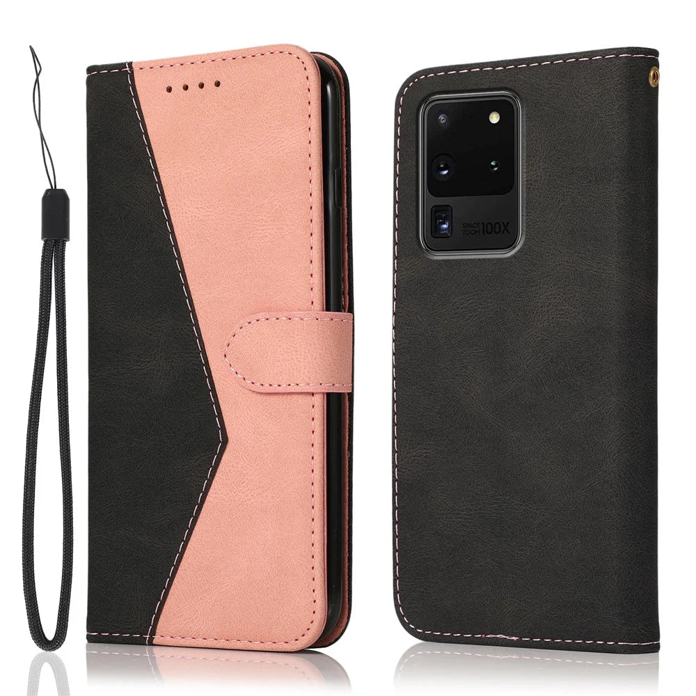 Anti-Drop Dual Color Anti-Scratch Wallet Design Leather Phone Case with Stand and Strap for Samsung Galaxy S20 Ultra - Black/Rose Gold - 1