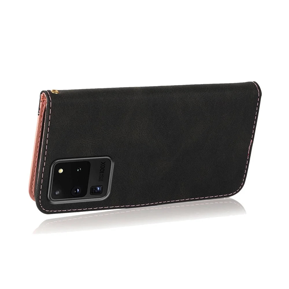 Anti-Drop Dual Color Anti-Scratch Wallet Design Leather Phone Case with Stand and Strap for Samsung Galaxy S20 Ultra - Black/Rose Gold - 6