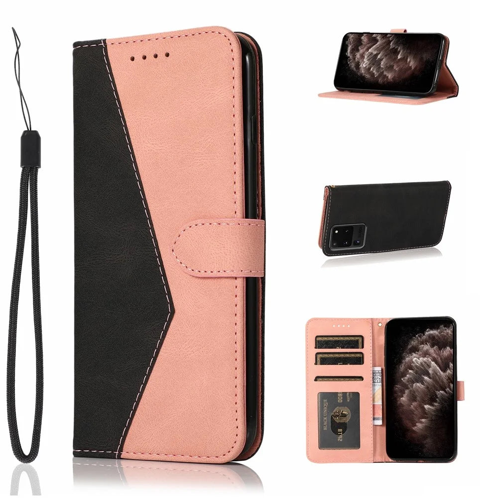 Anti-Drop Dual Color Anti-Scratch Wallet Design Leather Phone Case with Stand and Strap for Samsung Galaxy S20 Ultra - Black/Rose Gold - 7