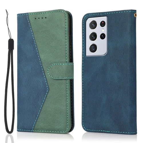 Dual Color Splicing Anti-Drop Protective Leather Phone Cover Case with Wallet Stand for Samsung Galaxy S21 Ultra 5G - Blue/Green - 1