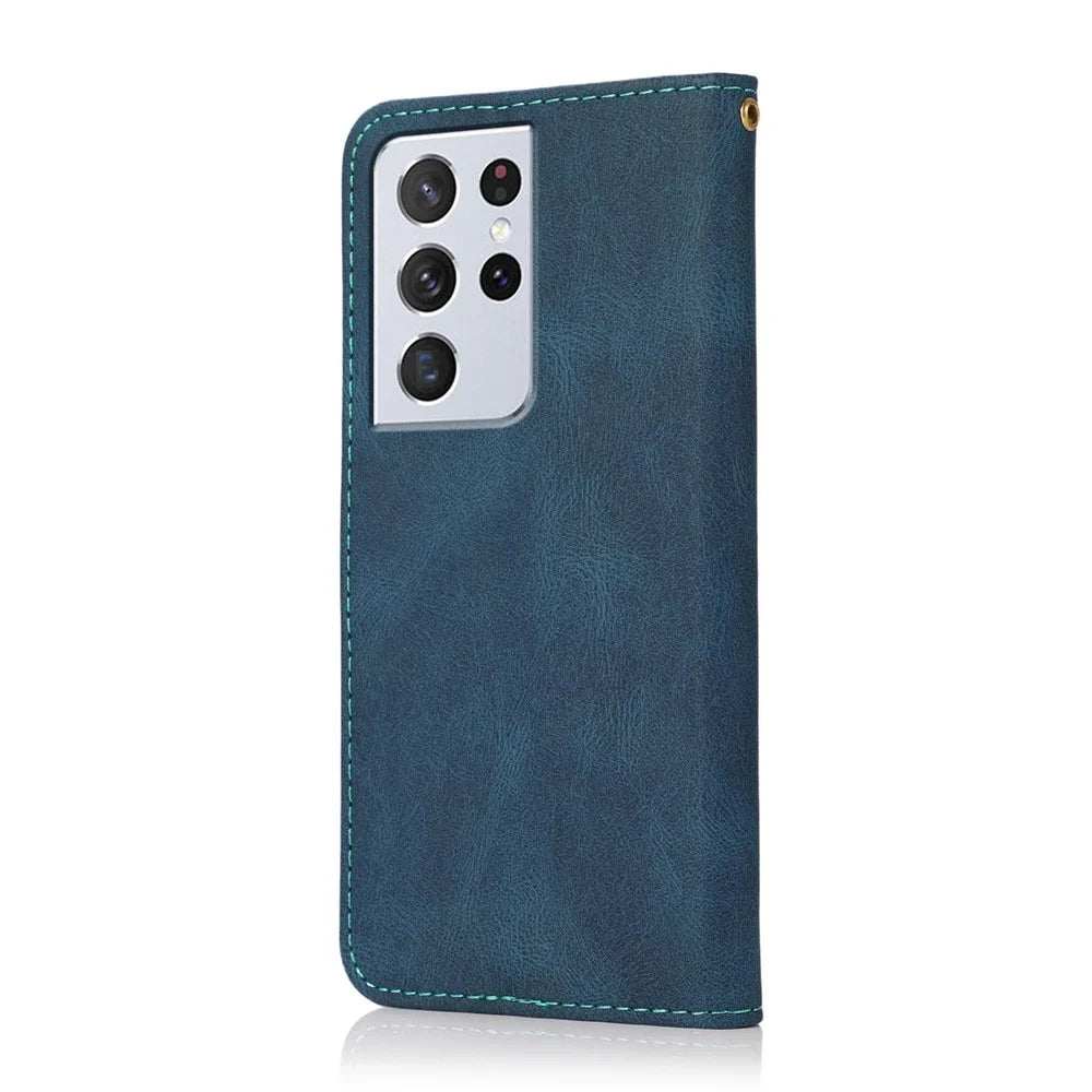 Dual Color Splicing Anti-Drop Protective Leather Phone Cover Case with Wallet Stand for Samsung Galaxy S21 Ultra 5G - Blue/Green - 3