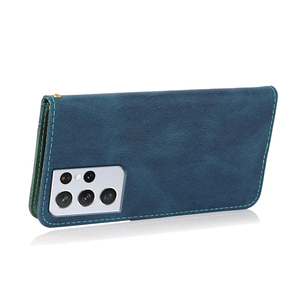 Dual Color Splicing Anti-Drop Protective Leather Phone Cover Case with Wallet Stand for Samsung Galaxy S21 Ultra 5G - Blue/Green - 6