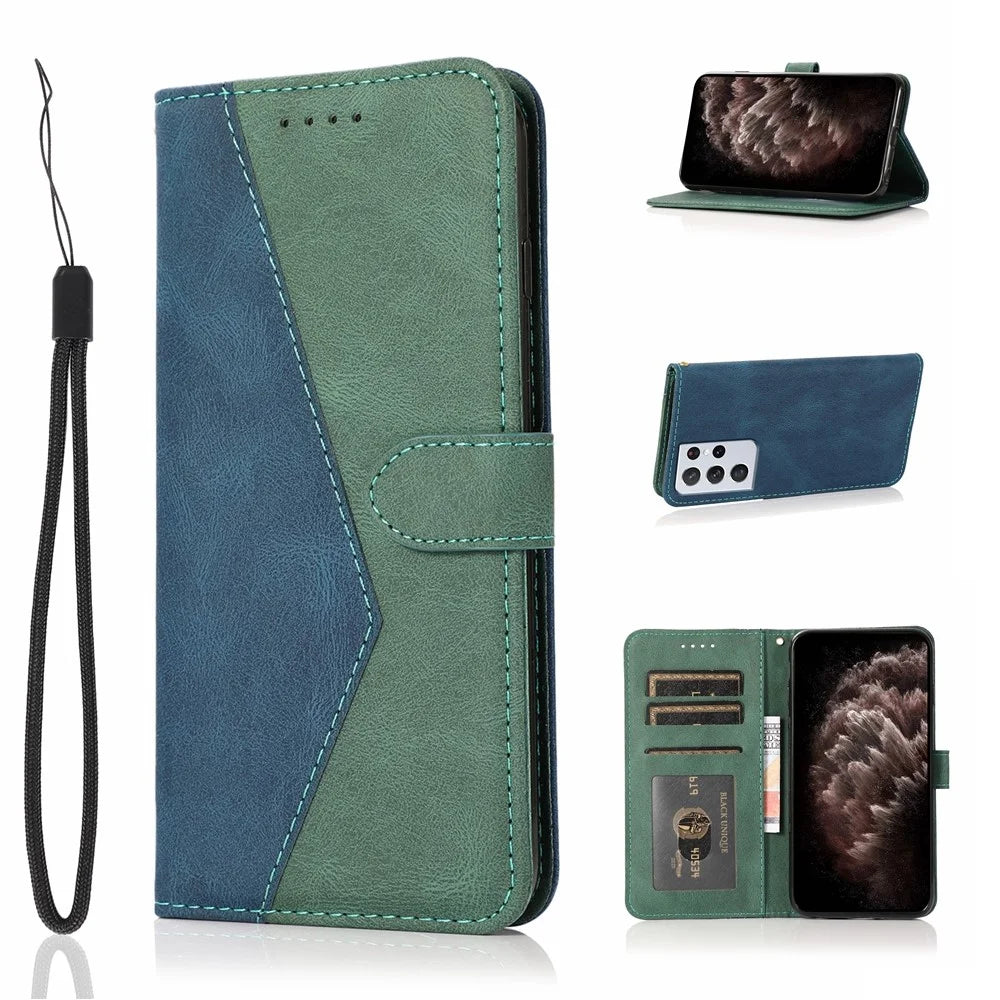 Dual Color Splicing Anti-Drop Protective Leather Phone Cover Case with Wallet Stand for Samsung Galaxy S21 Ultra 5G - Blue/Green - 7