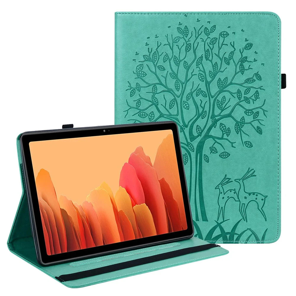 Card Slots Stand Design Tablet Protective Cover Case with Imprinted Tree and Deer Pattern for Samsung Galaxy Tab A7 10.4 (2022) / (2020) - Green - 1