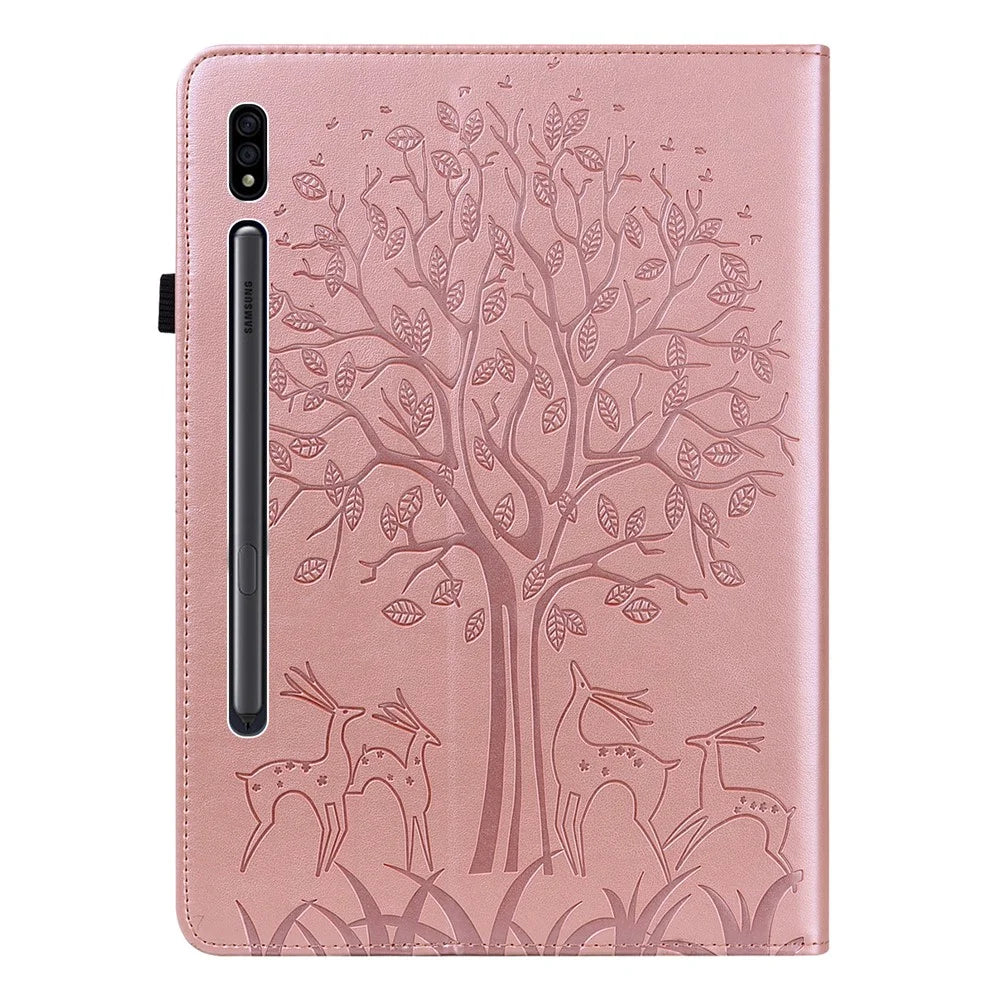 Card Slots PU Leather Stand Case Shell with Imprinted Tree and Deer Pattern for Samsung Galaxy Tab S7 SM-T870 / SM-T875 / SM-T876B / Tab S8 - Rose Gold - 2