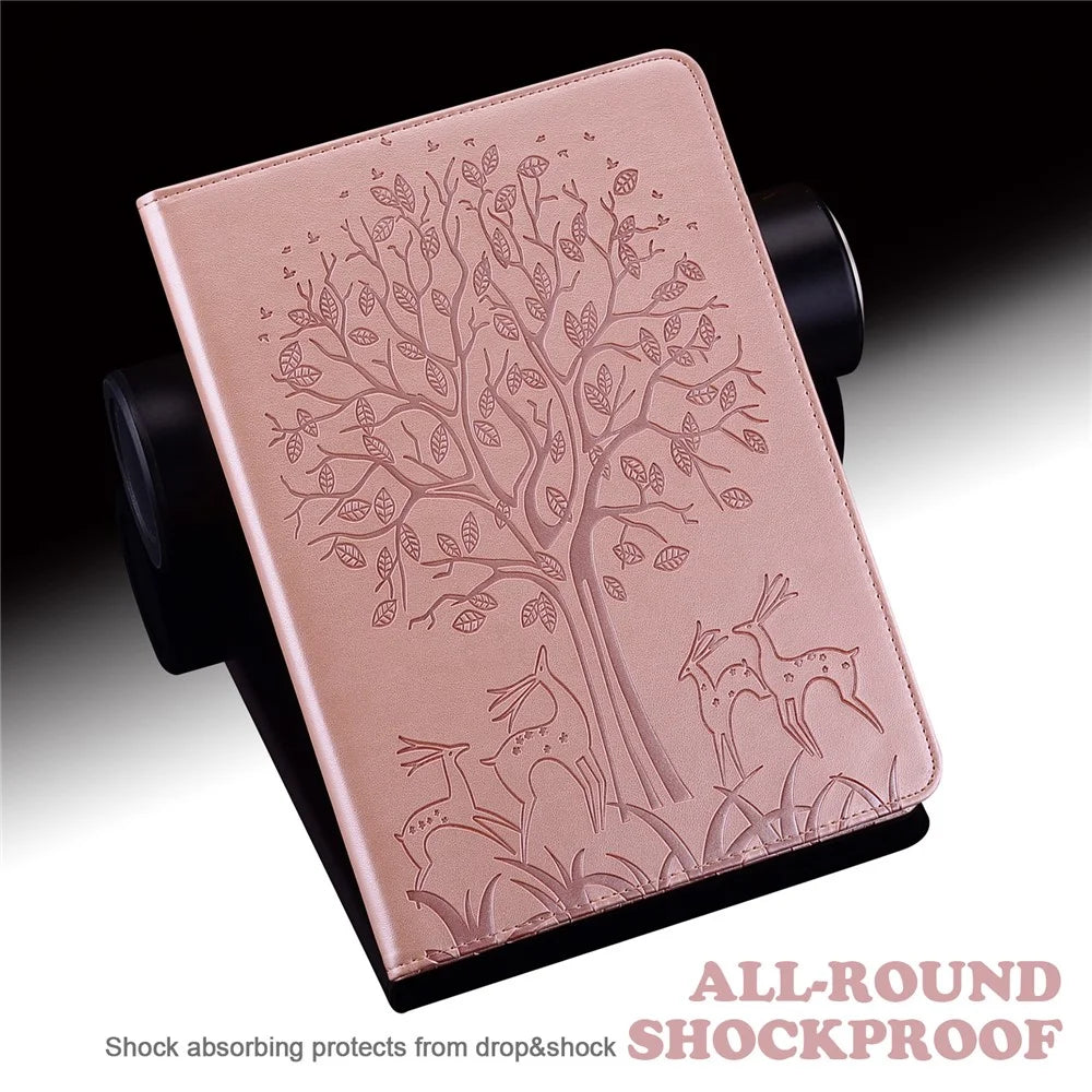 Card Slots PU Leather Stand Case Shell with Imprinted Tree and Deer Pattern for Samsung Galaxy Tab S7 SM-T870 / SM-T875 / SM-T876B / Tab S8 - Rose Gold - 7