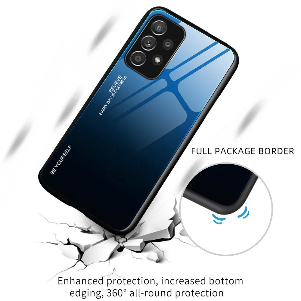 Gradient Color Glass Back Panel + TPU Frame Phone Hybrid Case Shell for Samsung Galaxy A32 4G (EU Version) - Blue/Black - 2