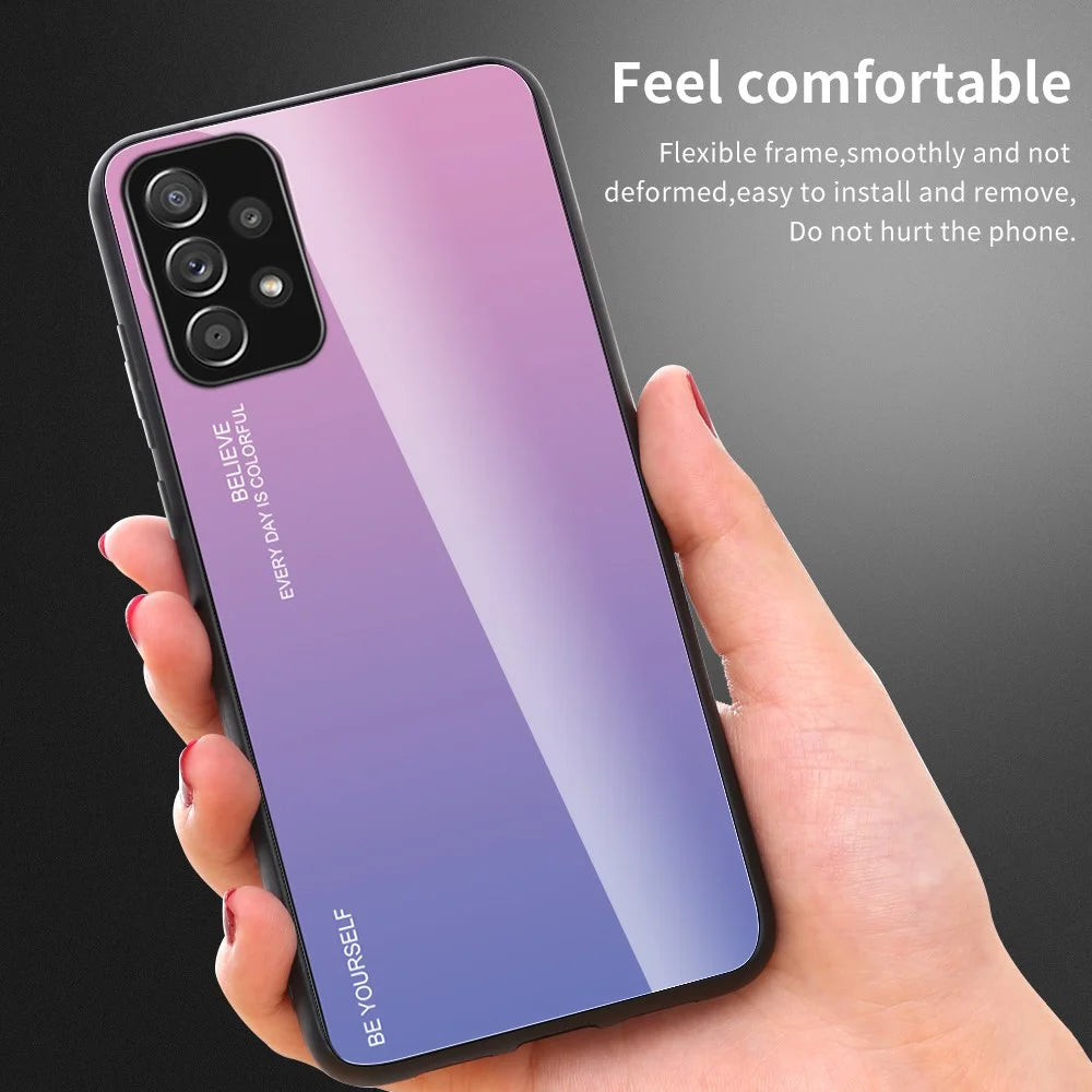 Gradient Color Glass Back Panel + TPU Frame Phone Hybrid Case Shell for Samsung Galaxy A32 4G (EU Version) - Blue/Black - 3
