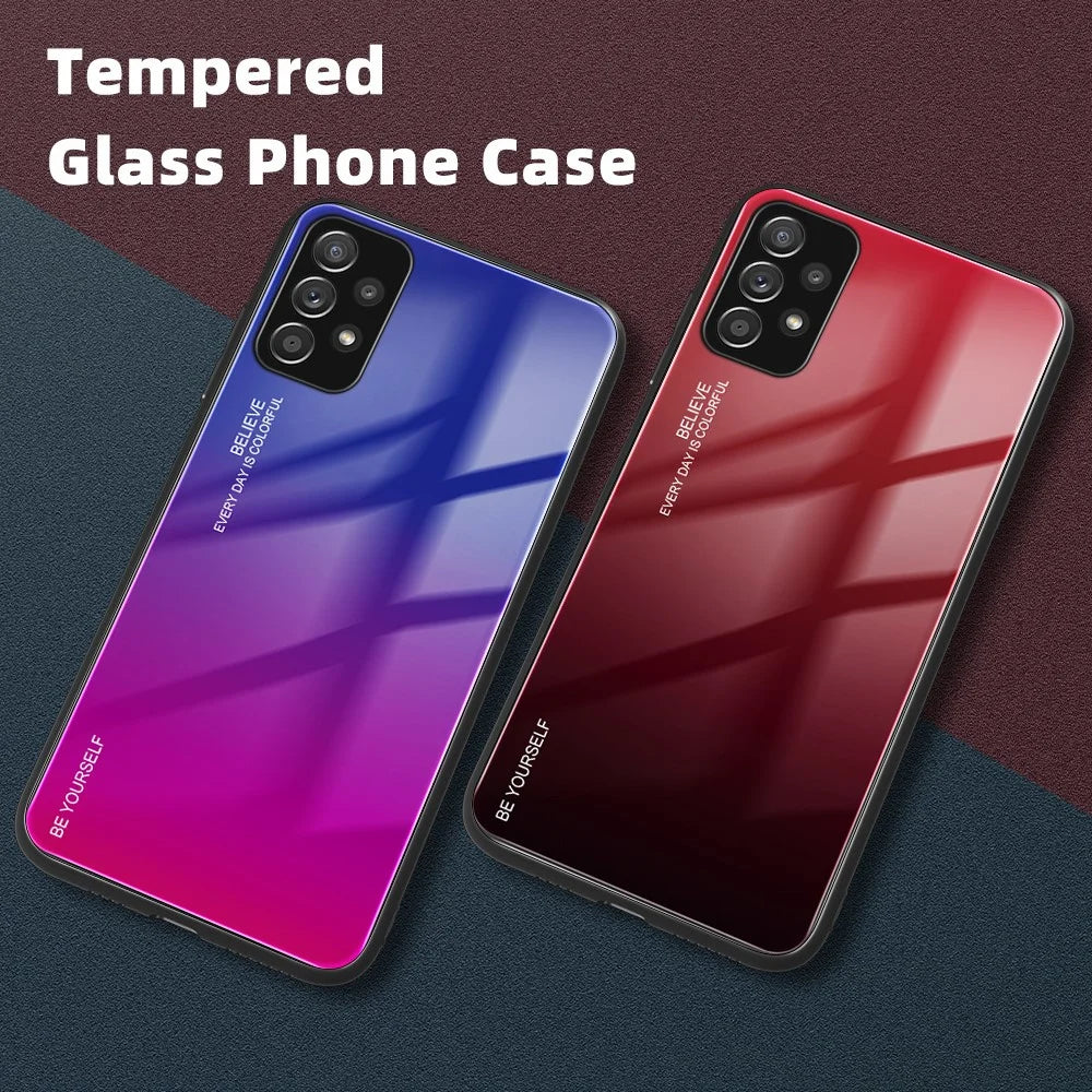 Gradient Color Glass Back Panel + TPU Frame Phone Hybrid Case Shell for Samsung Galaxy A32 4G (EU Version) - Blue/Black - 7