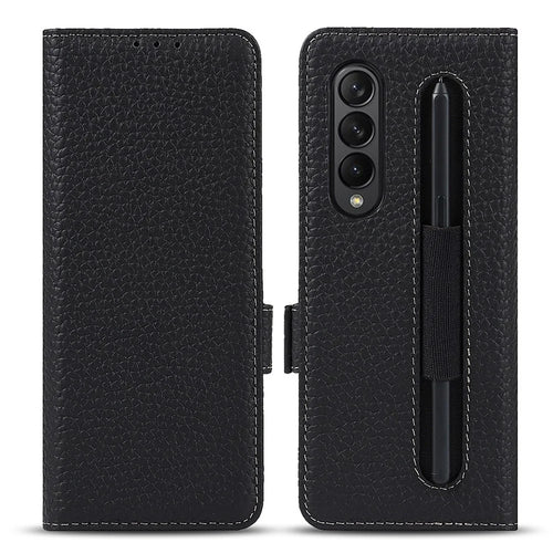 For Samsung Galaxy Z Fold3 5G Litchi Texture Genuine Leather Dual Magnetic Clasp Wallet Stand Phone Case Cover with Pen Slot - Black - 1