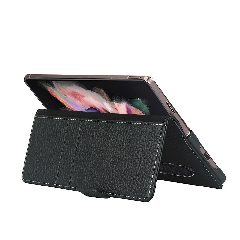 For Samsung Galaxy Z Fold3 5G Litchi Texture Genuine Leather Dual Magnetic Clasp Wallet Stand Phone Case Cover with Pen Slot - Black - 2