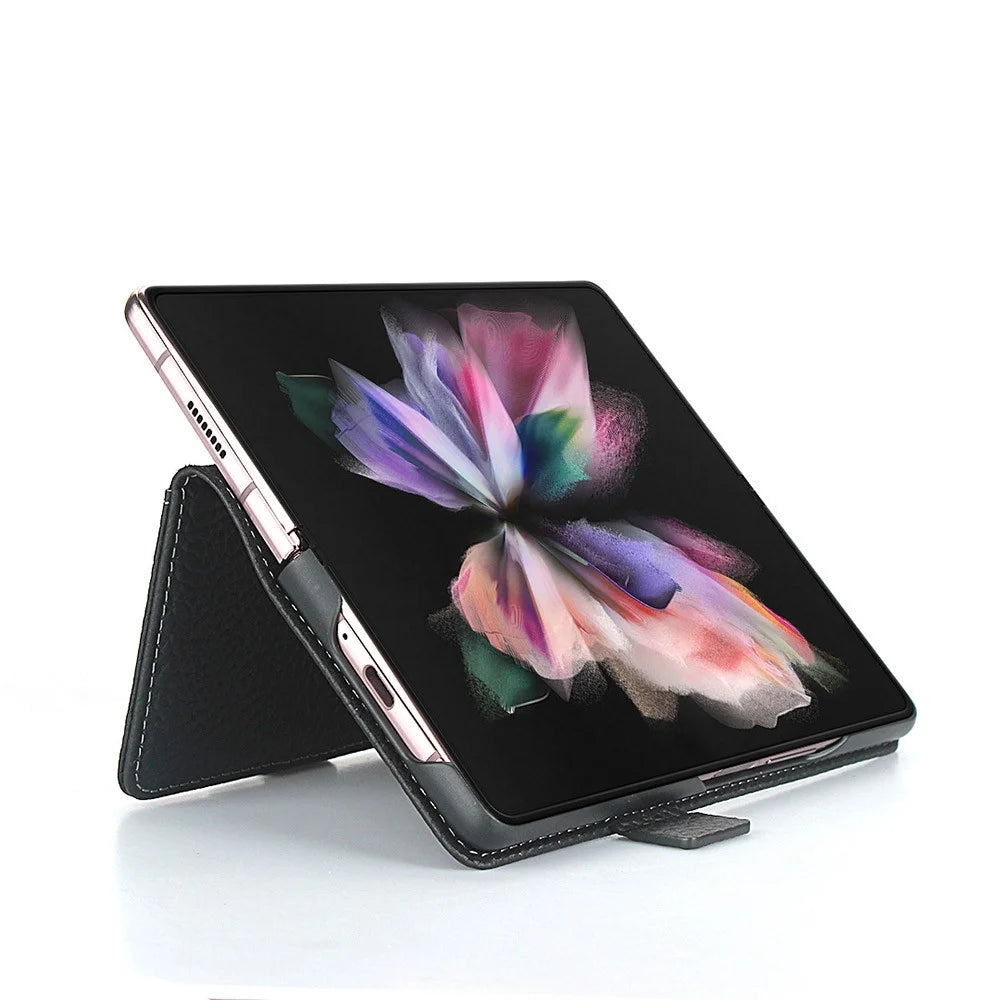 For Samsung Galaxy Z Fold3 5G Litchi Texture Genuine Leather Dual Magnetic Clasp Wallet Stand Phone Case Cover with Pen Slot - Black - 3