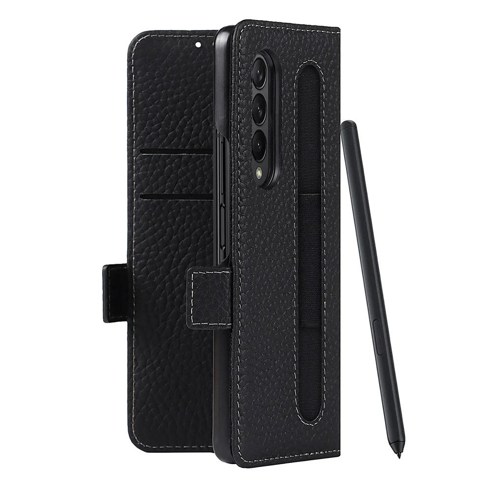 For Samsung Galaxy Z Fold3 5G Litchi Texture Genuine Leather Dual Magnetic Clasp Wallet Stand Phone Case Cover with Pen Slot - Black - 7