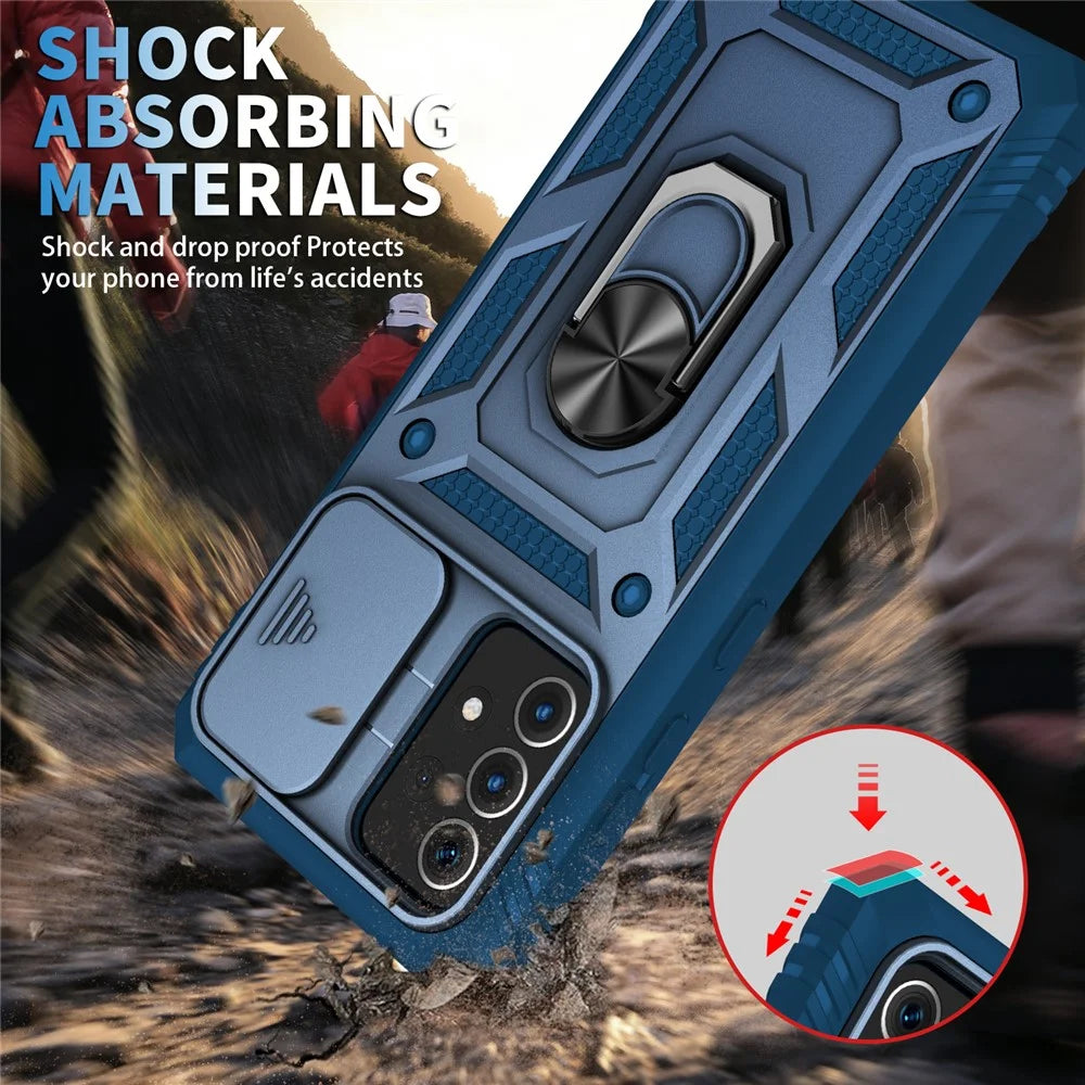 Slide Camera Cover Design Hybrid Phone Case Kickstand Shell with Card Holder for Samsung Galaxy A52s 5G/A52 4G / 5G - Blue - 3