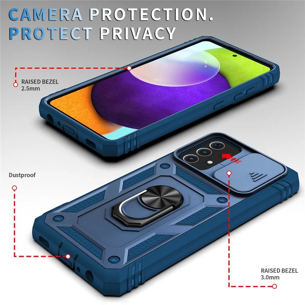Slide Camera Cover Design Hybrid Phone Case Kickstand Shell with Card Holder for Samsung Galaxy A52s 5G/A52 4G / 5G - Blue - 4